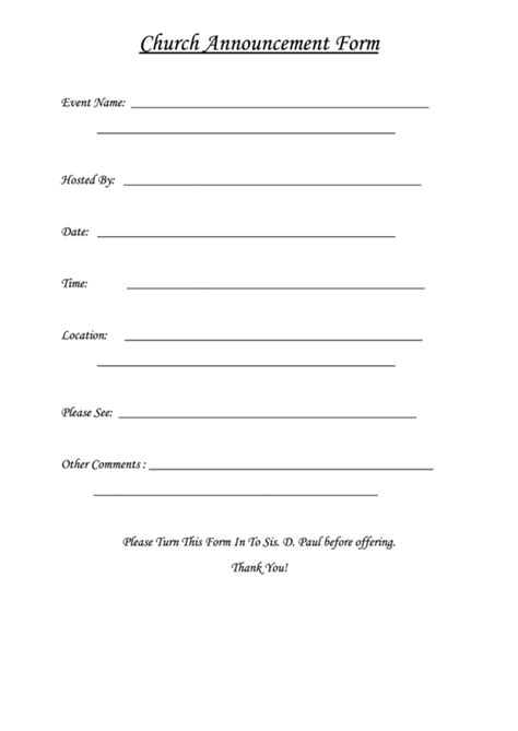 Church Announcement Form Printable Pdf Download