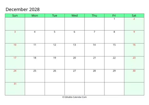 Download Fillable Calendar December 2028 Weeks Start On Sunday