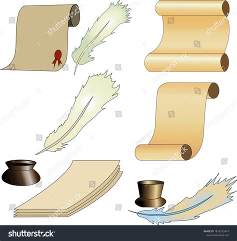 Set Images Parchment Paper Inkwells Fountain Stock Vector Royalty Free