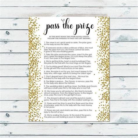 Pass The Prize Bridal Shower Game Pass The Parcel Rhyme Printable Gold Confetti Bridal Shower