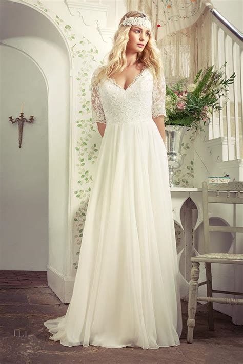 A backless beach wedding dress makes a beautiful option for brides. Plus Size Beach Wedding Dresses With Sleeves V Neck Sweep ...