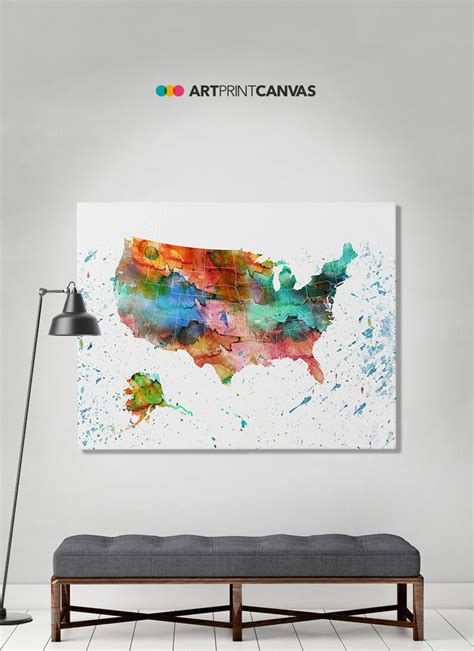 Usa Map Watercolor Canvas Print Travel Map Large Usa Map Etsy