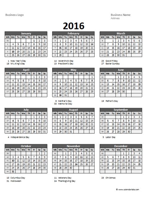 2016 excel yearly calendar 05 free printable templates