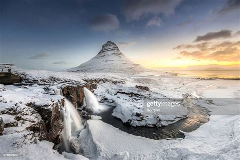 Sunrise At Kirkjufell Mountain With Waterfall At Iceland High Res Stock