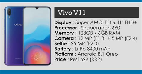 16 mp + 5 mp main & 25 mp front camera 64 gb storage 6 gb ram 6.3 inch display 3315 mah battery android. vivo V11 Price In Malaysia RM1699 - MesraMobile