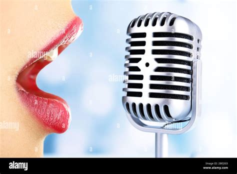 Singing Woman And Retro Microphone Karaoke Concept Stock Photo Alamy