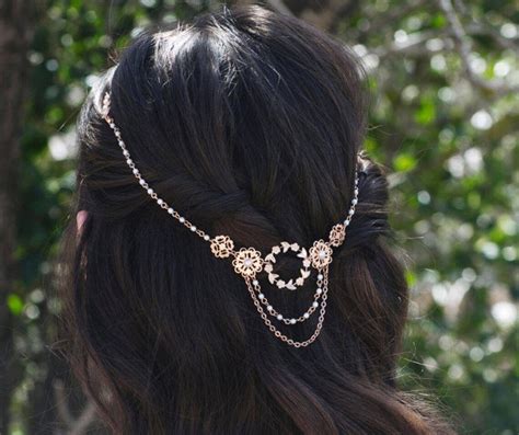 Bridal Headchain Back Headpiece Rose Gold Hair Chain Flower Etsy