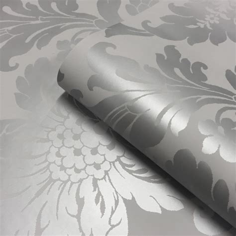 Shimmer Metallic Grande Damask Wallpaper In Soft Grey And Silver