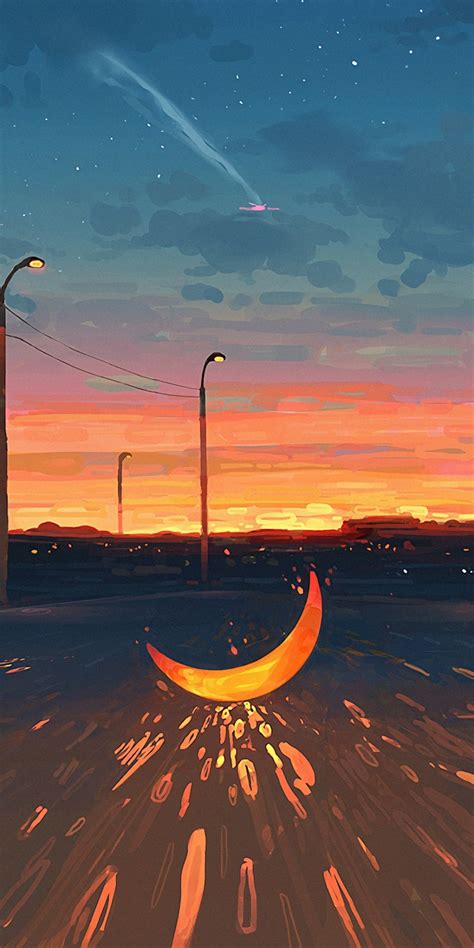 Download 1080x2160 Wallpaper Moon On Road Sunset Art Honor 7x Honor