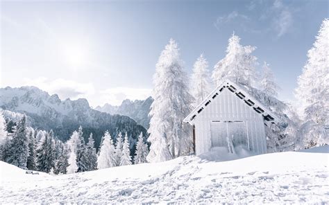 Download Wallpaper 3840x2400 Mountains Snow Winter Building Trees