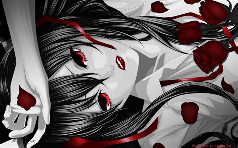 Red Eyes Lying Down Monochrome Roses Anime Girls Petals Mood Emotion Face Art
