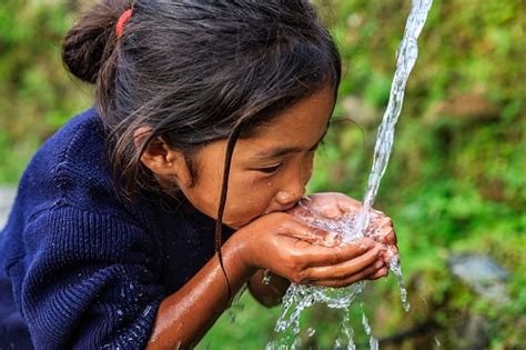 Nepali Girl Drinking Water Village Near Annapurna Range Stock Photo