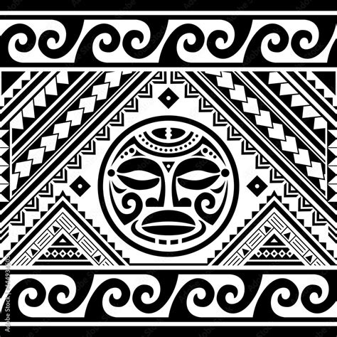 Polynesian Ethnic Seamless Geometric Vector Pattern With Maori Face