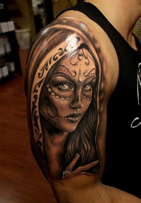 mexican skull girls tattoo on half sleeve tattooimages