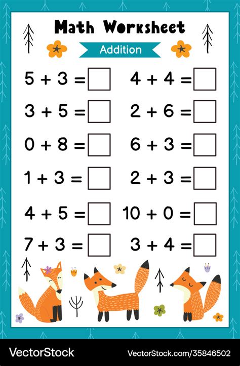 Math Worksheet For Kids Addition Mathematic Vector Image