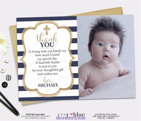 Baptism Thank You Card Navy Stripes Gold Boy Picture Thank You Card