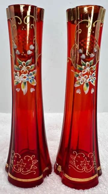 Monumental Bohemian Pink Glass Vase 24 Gold Rim And Enameling Flowers Set Of 2 115 00 Picclick