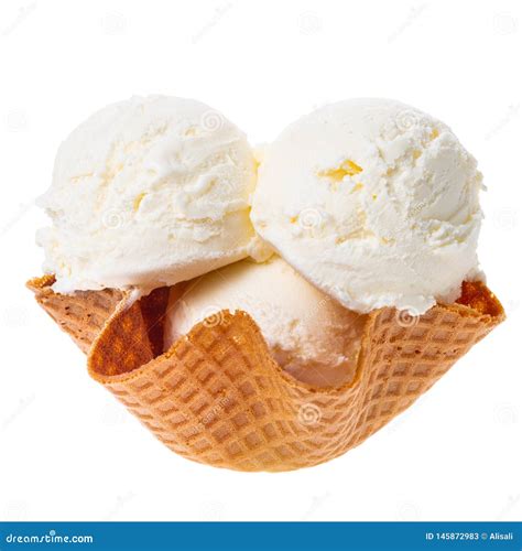 Close Up Of Scoops Vanilla Ice Cream In Waffle Cone Bowl Isolated On White Stock Image Image