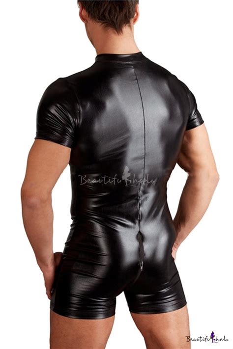 men sexy black lycra jocks leather latex bodysuit activewear gay male elastic catsuit front