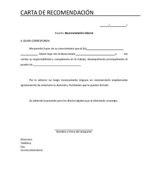 Una carta de recomendación laboral tiene como principal objetivo, referirte como persona, y de qué manera te desempeñas dentro del campo laboral. Ejemplo De Una Carta De Recomendacion Personal Para Un ...