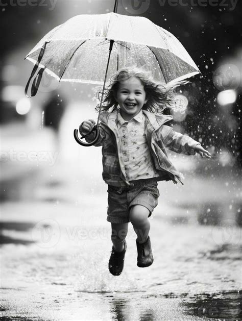 Ai Generative Happy Child Girl Laughs And Plays Under The Summer Rain
