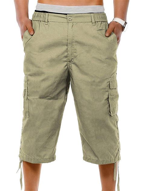 wodstyle mens 3 4 long length cargo shorts elasticated waist pockets combat summer pants