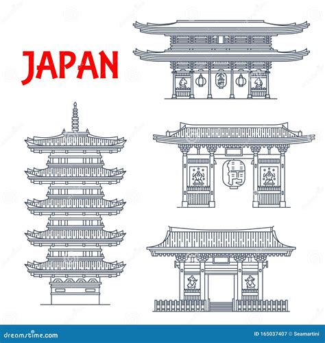 Japanse Boeddhistische Tempel Pagode En Gate Icons Vector Illustratie