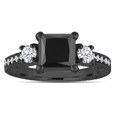 Vintage Black Diamond Engagement Ring Princess Cut Black Diamond Three