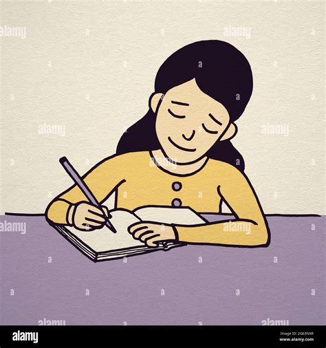 Bonita Niña Escribiendo En El Escritorio Dibujos Animados Estilo
