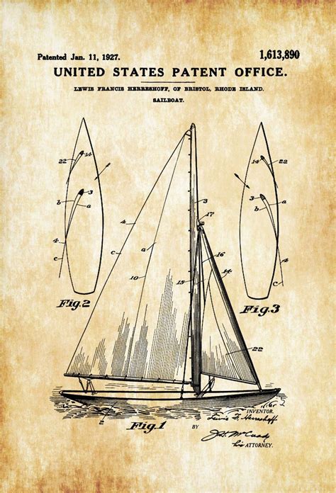 Herreshoff Sail Boat Patent Print Vintage Sailboat Boat Blueprint