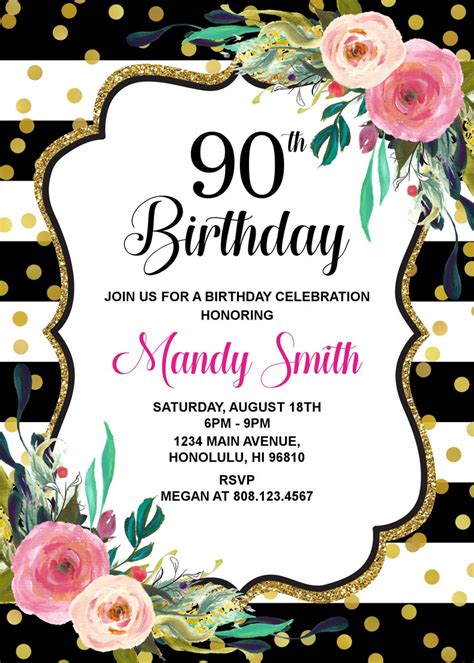 90th Birthday Invitation Women Birthday Invitation Pink Floral Etsy