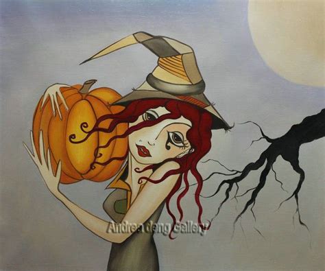 Original Painting Folk Art Halloween Witches And Black Cats Bats