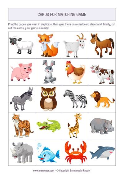 Printable Matching Game Animals 60 Cards To Cut Out Memozor