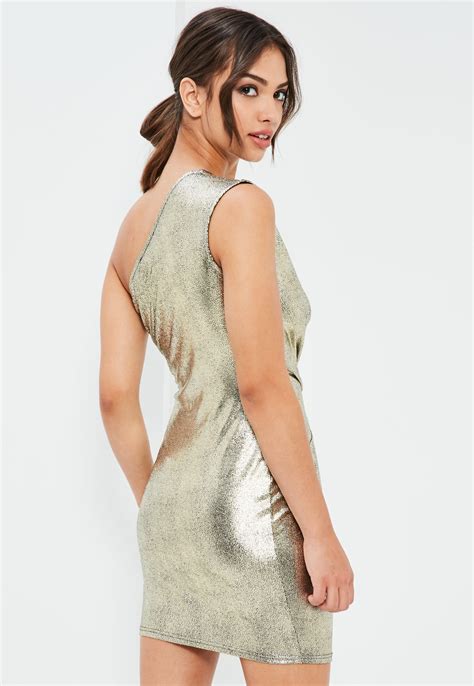 Missguided Gold Foiled One Shoulder Bodycon Dress In Metallic Lyst
