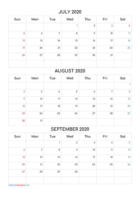 Free July August September 2020 Calendar Template Codecomf4