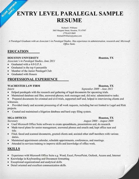 entry level paralegal resume sample resumecompanioncom