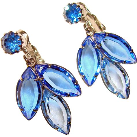 Gorgeous Blue Ombre Crystal Rhinestone Dangle Clip Earrings From