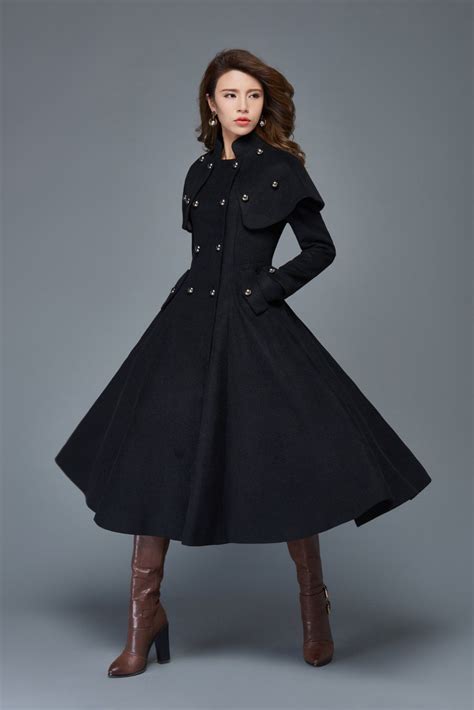 Black Wool Princess Coat Double Breasted Wool Coat Long Wool Etsy Fit And Flare Coat Coats