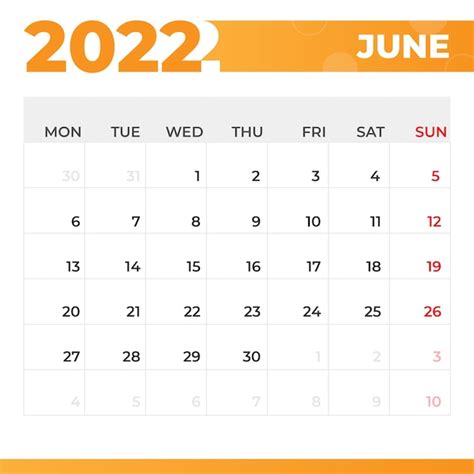 Calendario Junio 2022 Vector Premium