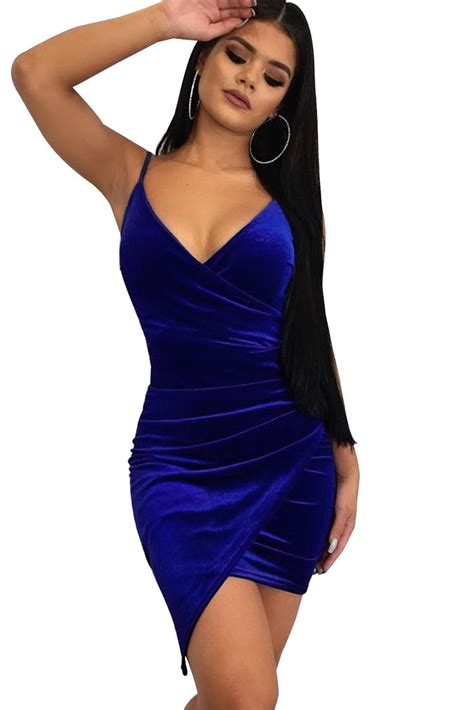 Z Chicloth Blue Wrapped V Neck Ruched Velvet Mini Dress In 2020