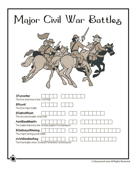 When the militia of south carolina attacked fort sumter and the states declared succession because of the insurrection, the civil war began (griffin, pp8,11/. Civil War for Kids Civil War Battles Worksheet Answer Key ...