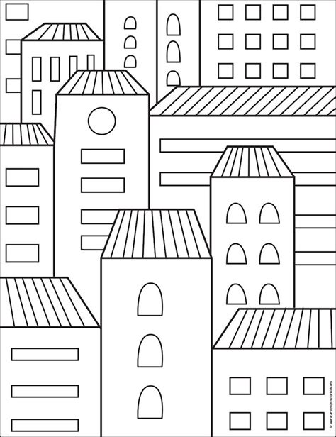 Easy How To Draw Overlapping Buildings Tutorial An Coloring Page