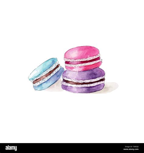 Color Macarons On White Background Watercolor Hand Drawn Illustration
