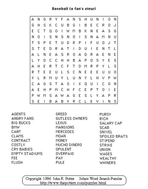 Baseball Word Search Free Printable