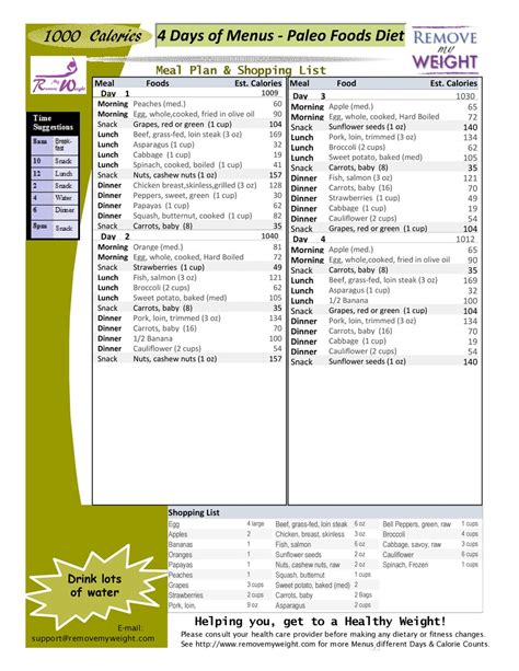 1000 Calories 4 Day Paleo Diet With Shoppong List Printable Menu