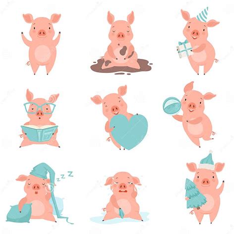 Cute Cheerful Little Pink Pigs Set Funny Piglets Cartoon Characters In