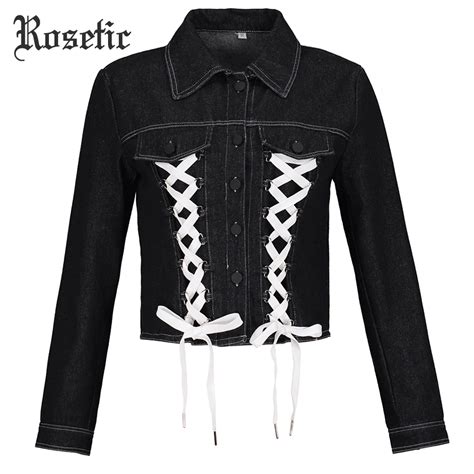 Rosetic Goth Motor Jeans Jacket Coat Denim Autumn Black Slim Lace Up