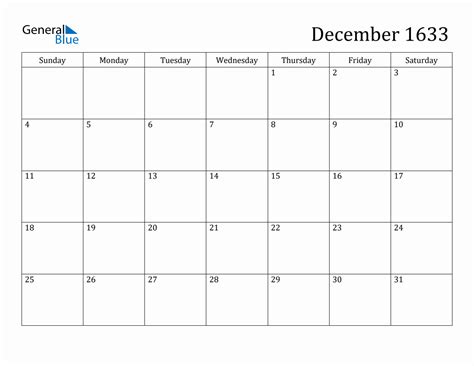 December 1633 Monthly Calendar