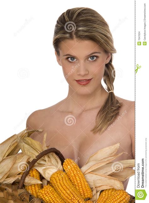 Healthy Looking Woman Hold A Basket Full Of Corn Stock Photo Image Of