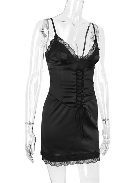 Black Lace Trim Satin Slip Mini Dress With Corset Free From Label
